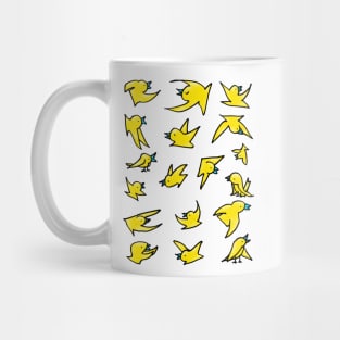 Flock of yellow birds with blue beaks happily chirping and flying Mug